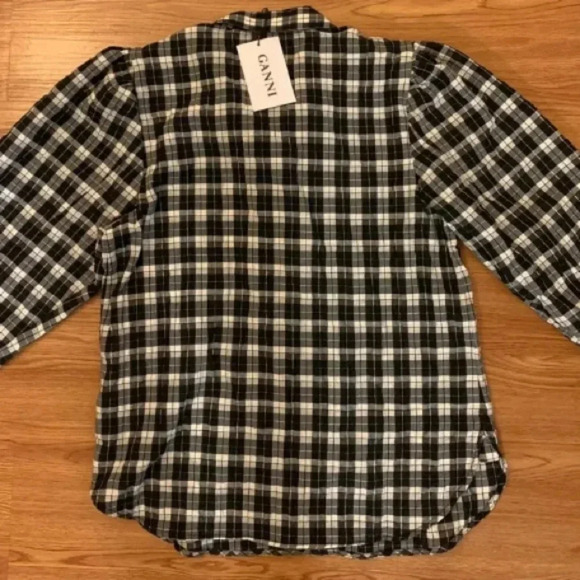 GANNI NWT Seersucker Checkered Tuxedo Ruffle Front Top Blouse 36 4 Black White - Picture 8 of 9